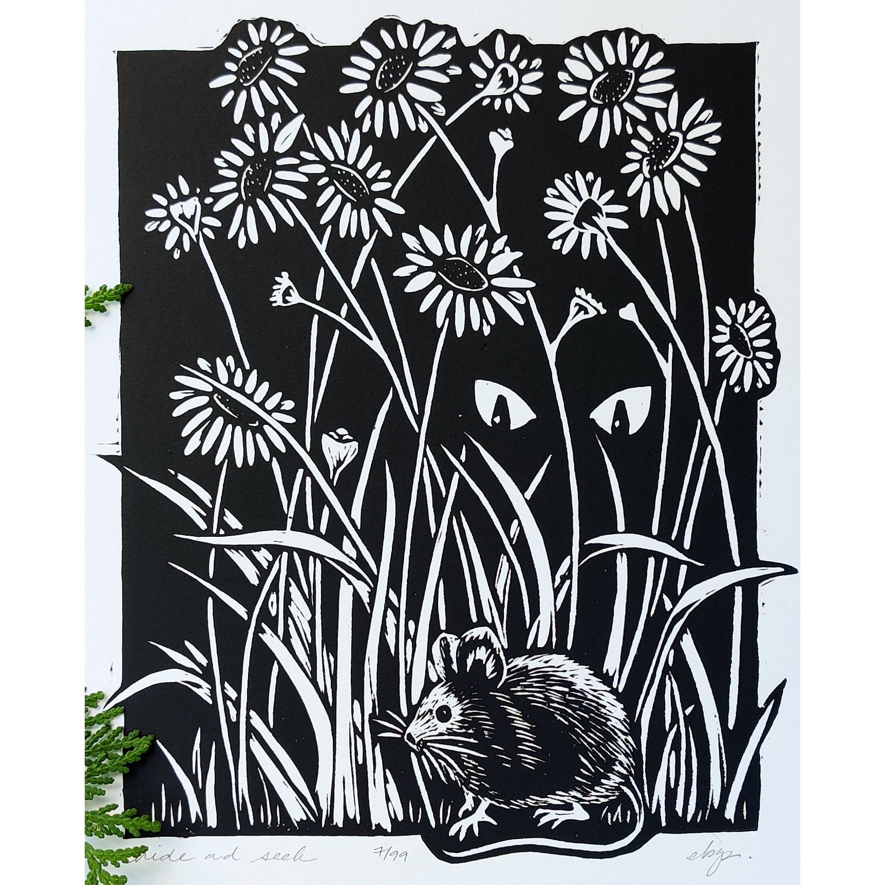 Hide & Seek (Cat & Mouse) Linoprint | Big Mitten Linocuts