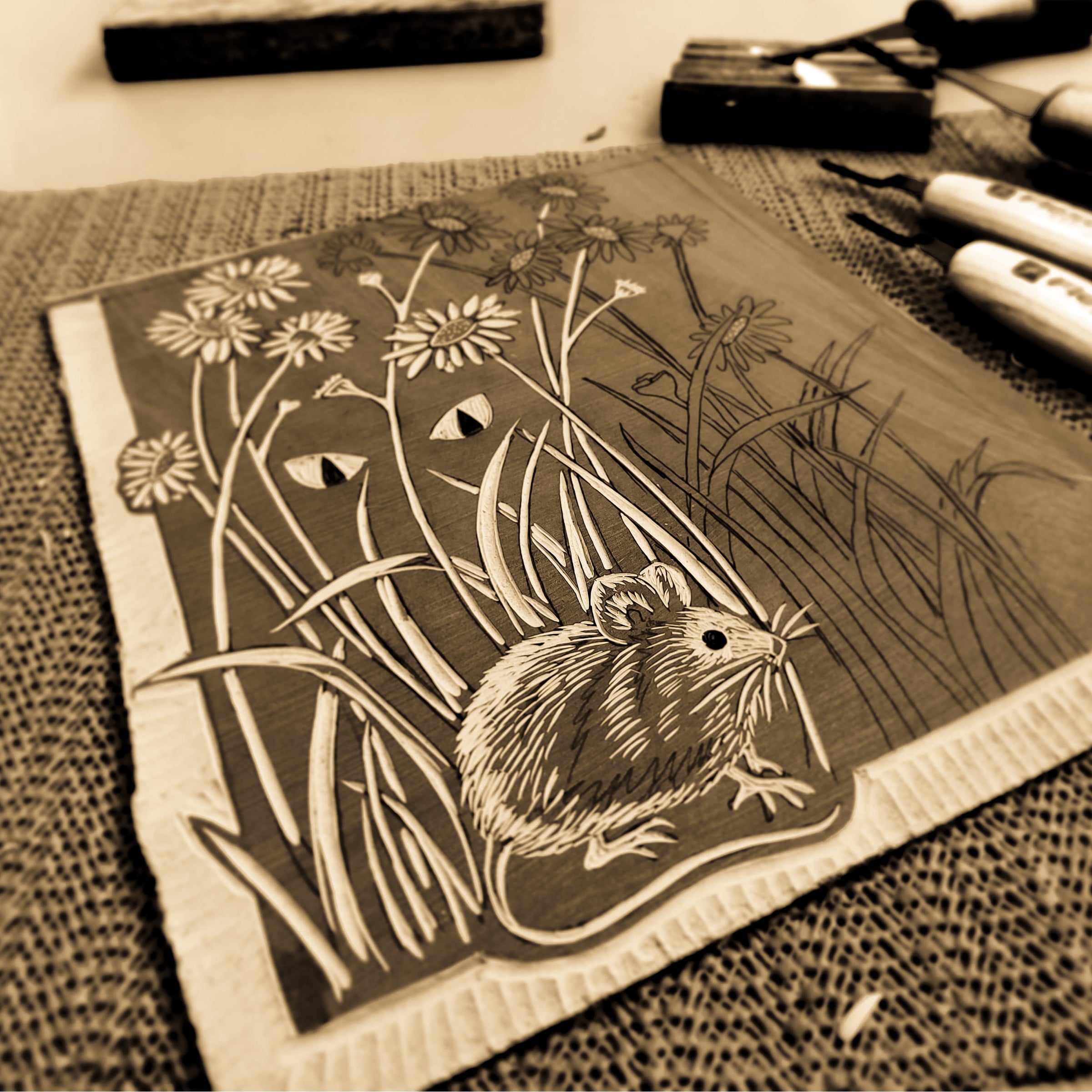 Hide & Seek (Cat & Mouse) Linoprint | Big Mitten Linocuts