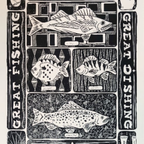 Great Lakes Great Fishing Linoprint | Big Mitten Linocuts