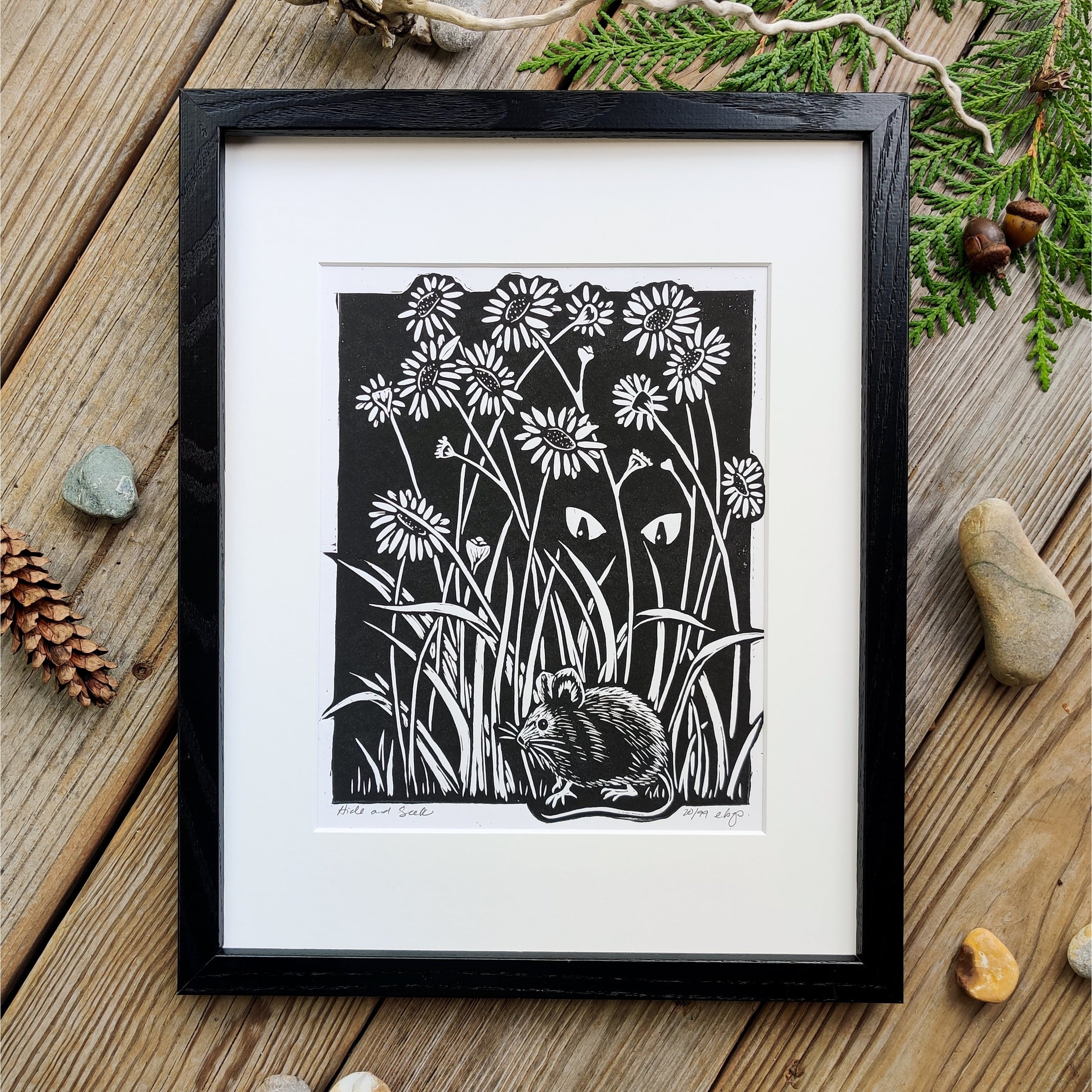 Hide & Seek (Cat & Mouse) Linoprint | Big Mitten Linocuts